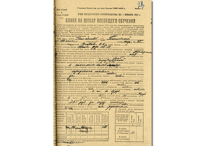Бланк (форма отчетности) на школу всеобщего обучения от 1 февраля 1932 года. (НТГИА. Ф.144. Оп.1. Д.62. Лл.28-29об.)