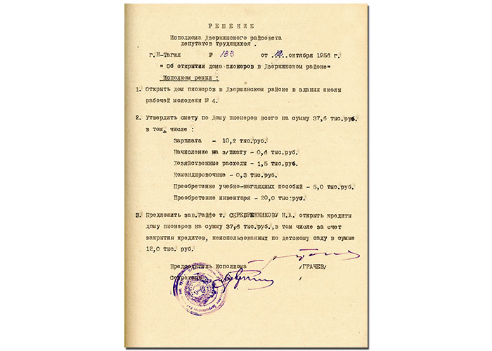Решение исполнительного комитета Дзержинского районного Совета депутатов трудящихся от 12 октября 1956 года № 133. (НТГИА. Ф.402. Оп.1. Д.186. Л.270)