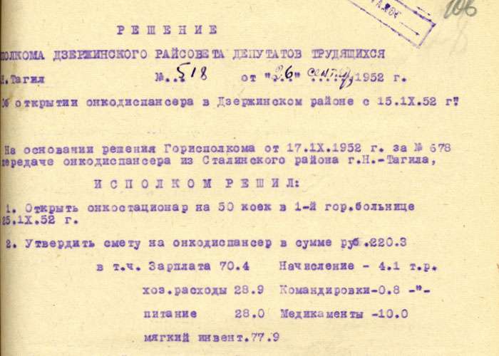 Решение исполнительного комитета Дзержинского районного Совета депутатов трудящихся от 26 сентября 1952 года № 518. (НТГИА. Ф.402.Оп.1.Д.129.Л.106).