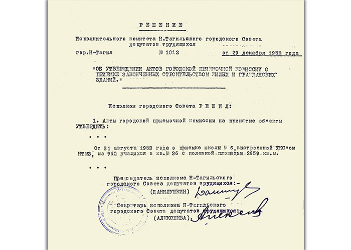 Решение исполнительного комитета Нижнетагильского городского Совета депутатов трудящихся от 29 декабря 1953 года № 1012. (НТГИА. Ф.70.Оп.2.Д.665.Л.429)