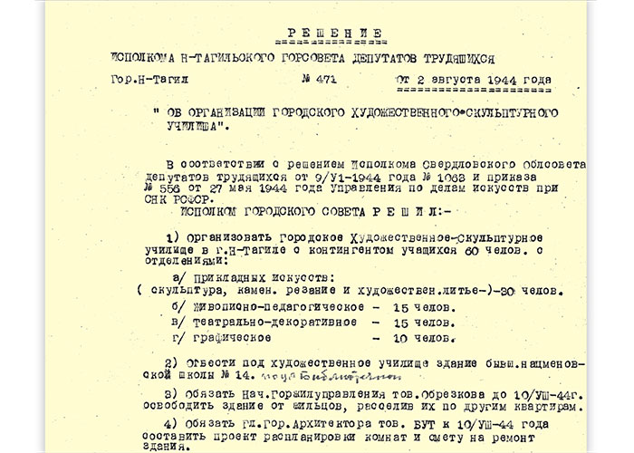 Решение исполнительного комитета Нижнетагильского городского Совета депутатов трудящихся от 2 августа 1944 года № 471. (НТГИА. Ф.70.Оп.2.Д.510.Л.317)