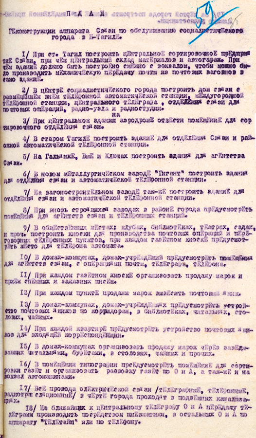 План реконструкции аппарата связи по обслуживанию социалистического города в Нижнем Тагиле на 1930 г. (НТГИА. Ф.31.Оп.1.Д.11.Л.35)
