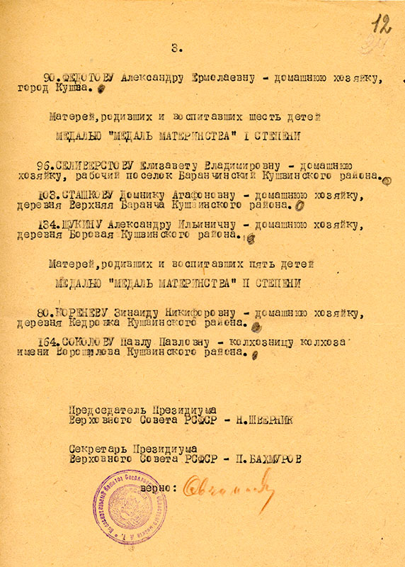 Выписка из указа Президиума Верховного Совета РСФСР от 20 августа 1945 года (НТГИА.Ф.227.Оп.1.Д.41.Л.12)