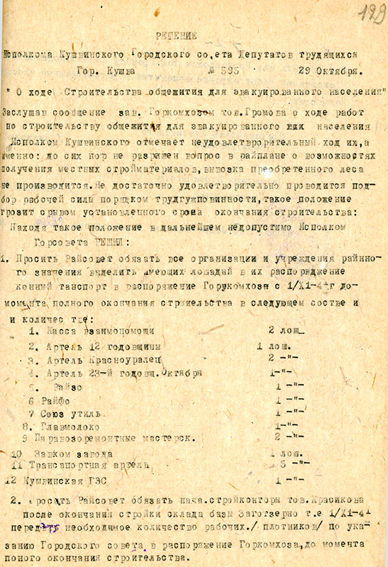 Решение исполнительного комитета Кушвинского городского Совета депутатов трудящихся от 29 октября 1941 года № 595 (НТГИА.Ф.75.Оп.1.Д.24.Л.129)
