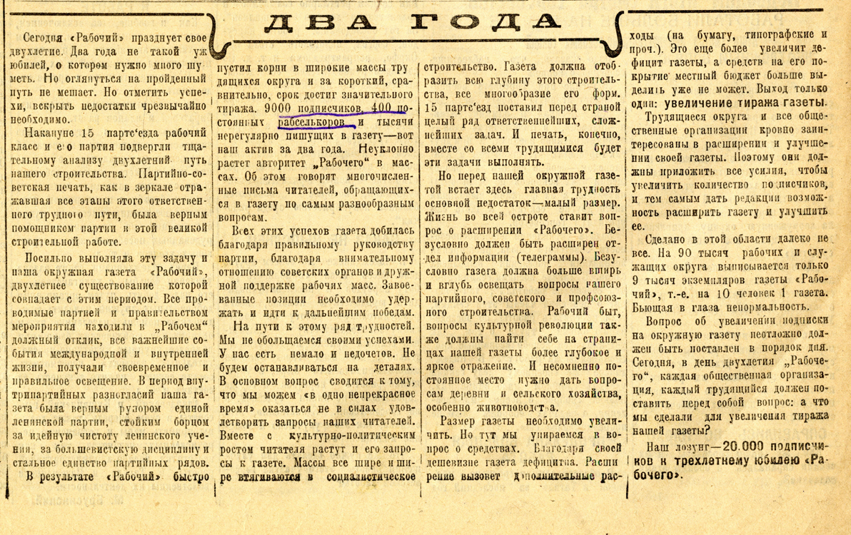 Газета «Рабочий». – 1928 г. – 15 января (№ 13). – С.1