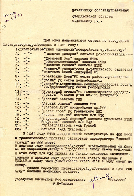 Отчет о работе загородных пионерских лагерей за 1961 год. (НТГИА. Ф.128.Оп.1.Д.144.Л.220)