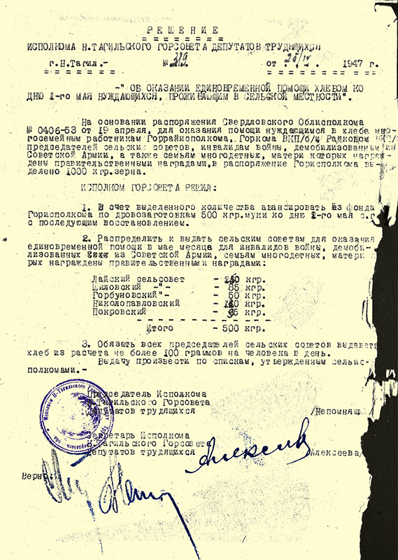 Решение Нижнетагильского горисполкома от 25 апреля 1947 года об оказании единовременной помощи хлебом к Дню 1-го мая. (НТГИА. Ф.70.Оп.2.Д.566.Л.170)