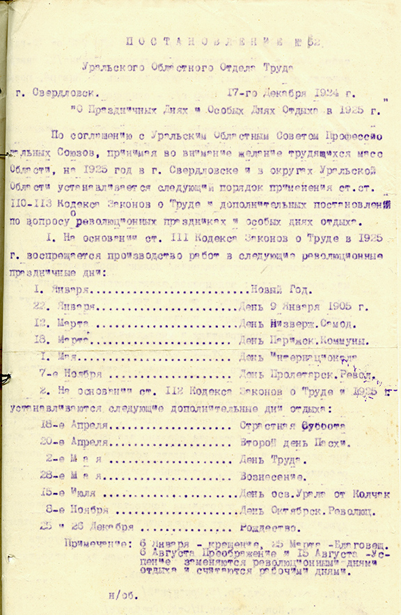 Постановление № 52 Уральского областного отдела труда от 17 декабря 1924 года (НТГИА. Ф.40.Оп.1.Д.6.Л.7) 