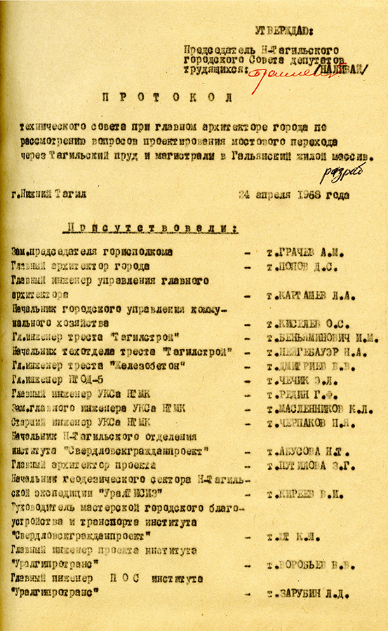 Протокол технического Совета по рассмотрению проектного задания мостового перехода через Нижнетагильский пруд. 23 октября 1968 г. (НТГИА. Ф.183.0п.1.Д.152.Л.37)