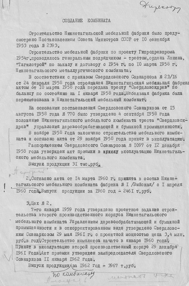 Документы по истории создания Нижнетагильского мебельного комбината (Из личного архива Злобиной Галины Николаевны)