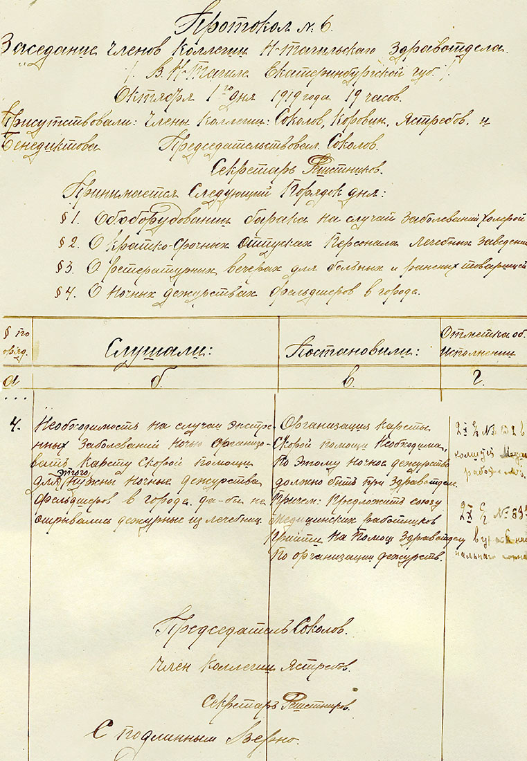 Протокол коллегии Нижнетагильского здравотдела от 1 октября 1919 года № 6. (НТГИА Ф.99. Оп.1. Д.11. Л.54-54об.)