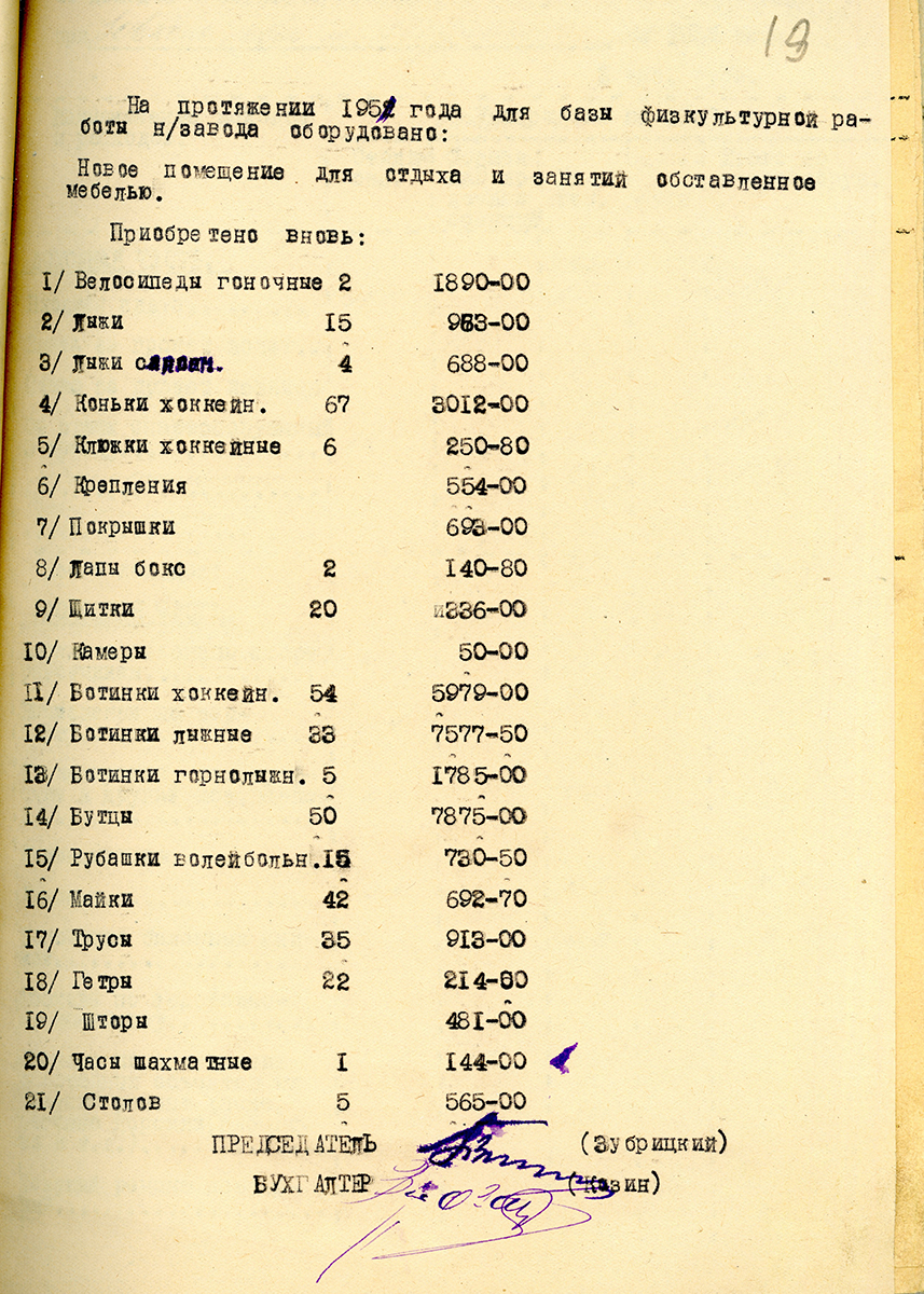 Перечень оборудования, приобретенного в 1951 году для базы физкультурной работы Нижнетагильского металлургического завода имени В. В. Куйбышева.<br> (НТГИА Ф.228.Оп.4.Д.366.Л.19)