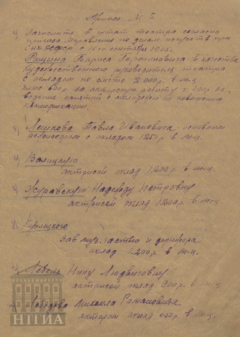 Приказы № 5, 6 директора Нижнетагильского государственного драматического театра от 15 сентября 1945 года (НТГИА. Ф.507. Оп.1. Д.1. Л.2.)