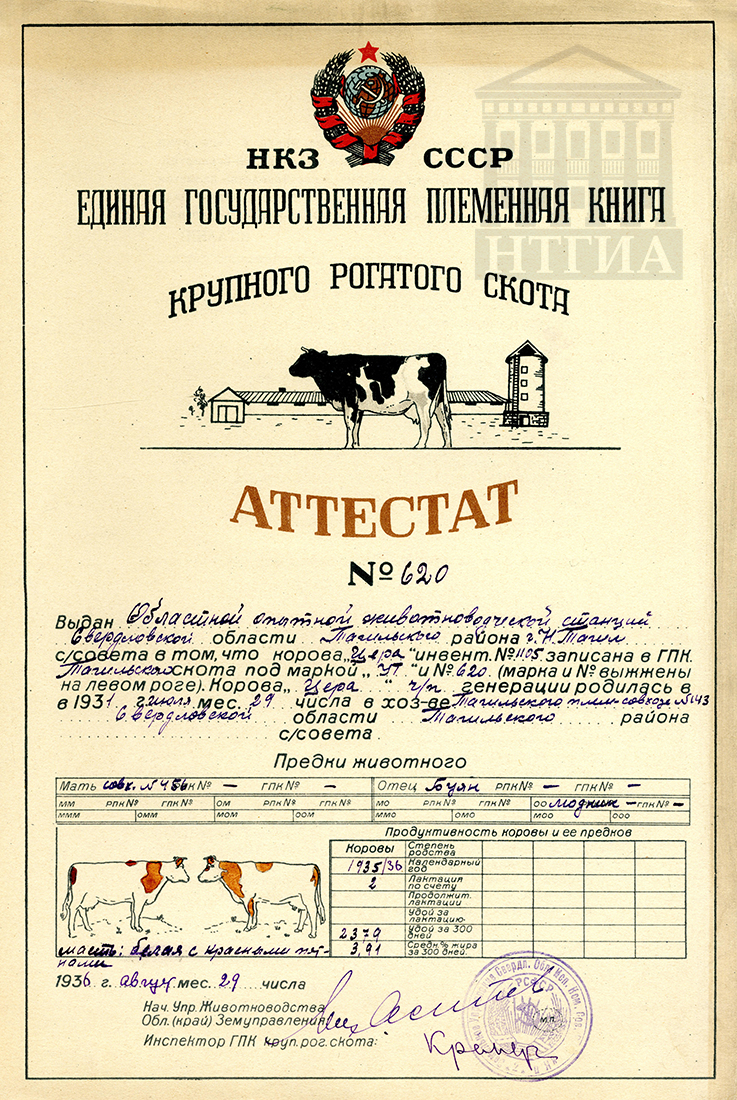 Аттестат Народного комиссариата земледелия СССР от 29 августа 1936 г. № 620 (НТГИА. Ф.488. Оп.1. Д.10. Л.1)